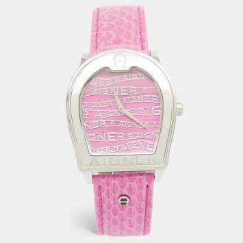 Pre Owned Aigner Pink Stainless Steel Leather Verona A48300 Women's Wristwatch 36 mm 