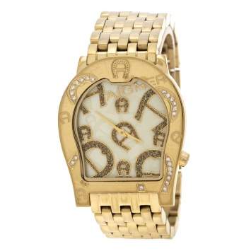 Pre Owned Aigner Yellow Mother of Pearl Gold Plated Steel Ravenna Nuovo A25100 Women's Wristwatch 33 mm