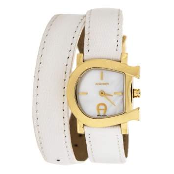 Pre Owned Aigner White Mother of Pearl Gold Plated Stainless Steel Genua Due A31000 Women's Wristwatch 27 mm