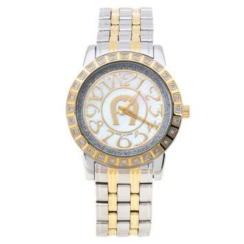 Pre Owned Aigner White Mother of Pearl Two-Tone Stainless Steel Cortina A26300 Women's Wristwatch 36 mm