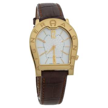 Pre Owned Aigner Silver Yellow Gold Plated Stainless Steel Leather Verona Nuovo A22100 Women's Wristwatch 33 mm