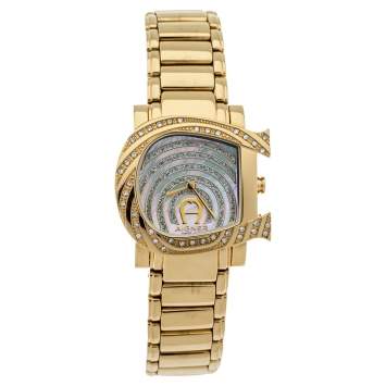 Pre Owned Aigner White Mother of Pearl Gold Plated Stainless Steel Diamonds Genua Due A31600 Women's Wristwatch 31 mm