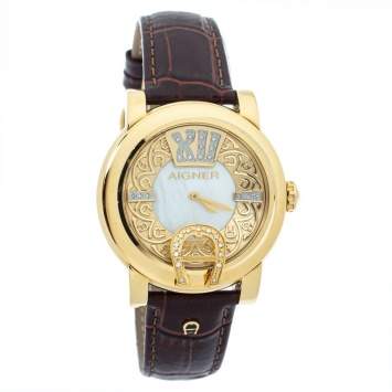 Pre Owned Aigner Mother Of Pearl Gold Plated Stainless Steel Leather Diamond Bari Donna A37200 Women's Wristwatch 41 mm