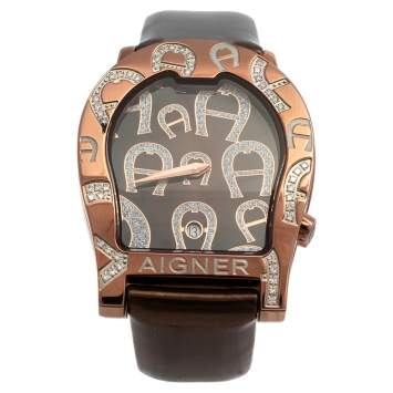 Pre Owned Aigner Bronze Tone Stainless Steel Diamonds Verona Nuovo 44 A22000 Women's Wristwatch 37 mm