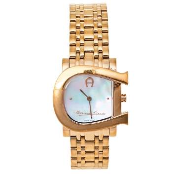 Pre Owned Aigner Mother of Pearl Gold Tone Stainless Steel Genua Due A31600 Women's Wristwatch 31 mm
