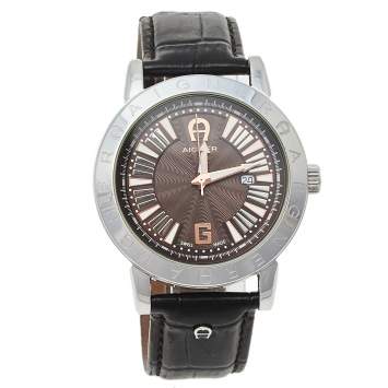 Pre Owned Aigner Brown Stainless Steel Leather Cortina A26000 Unisex Wristwatch 42 mm