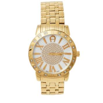 Pre Owned Aigner Mother of Pearl Gold Tone Stainless Steel Diamond Cortina A26300 Women's Wristwatch 36 mm