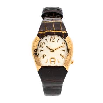 Pre Owned Aigner Silver Gold Tone Stainless Steel Leather Cremona A40200 Women's Wristwatch 36 mm