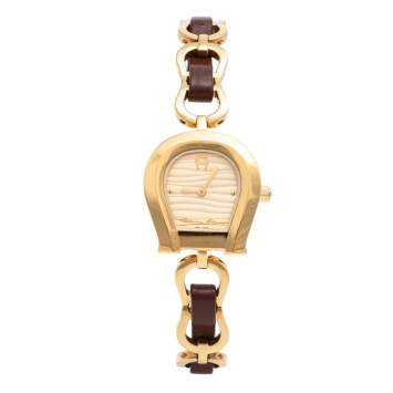 Pre Owned Aigner Gold Plated Stainless Steel Leather Perugia A07300 Women's Wristwatch 28 mm