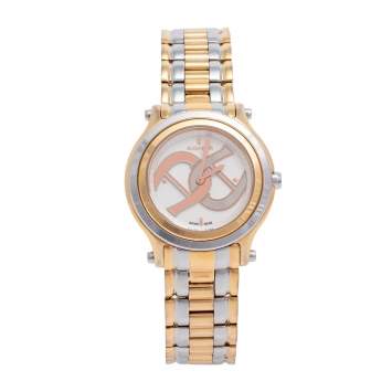 Pre Owned Aigner White Two-Tone Rose Gold Plated Stainless Steel Bologna A55200 Women's Wristwatch 35 mm