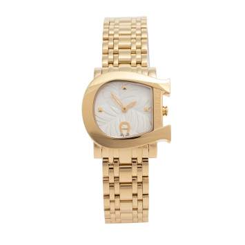 Pre Owned Aigner White Leaves Gold Plated Stainless Steel Genua Due A31600 Women's Wristwatch 31 mm