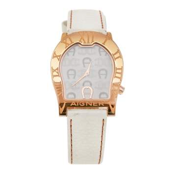 Pre Owned Aigner White Rose Gold Plated Stainless Steel Leather Verona Nuovo A22100  Women's Wristwatch 33 mm