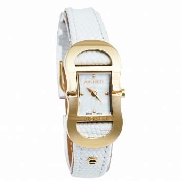 Pre Owned Aigner Mother of Pearl Gold Plated Stainless Steel Leather Cesena A53200 Women's Wristwatch 20 mm