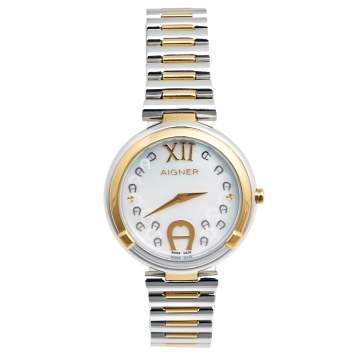 Pre Owned Aigner Mother of Pearl Two-Tone Stainless Steel Gorizia A106200 Women's Wristwatch 33 mm