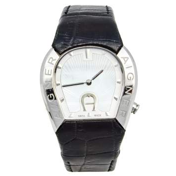 Pre Owned Aigner Mother of Pearl Stainless Steel Leather Cremona A40200 Women's Wristwatch 36 mm