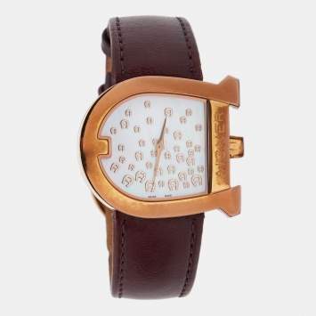Pre Owned Aigner White Mother of Pearl Gold PVD Coated Stainless Steel Leather Genua A31600 Women's Wristwatch 31 mm