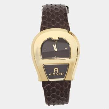 Pre Owned Aigner Brown Gold Plated Stainless Steel Leather Venezia A39200 Women's Wristwatch 36 mm