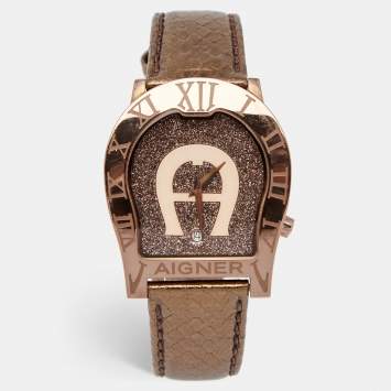 Pre Owned Aigner Champagne PVD Coated Stainless Steel Leather Verona Nuovo 44 A22000 Women's Wristwatch 36 mm