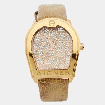 Pre Owned Aigner Gold Plated Stainless Steel Leather Verona A48000 Women's Wristwatch 39 mm