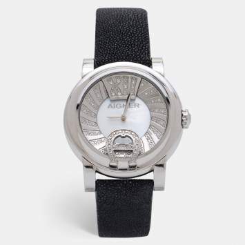 Pre Owned Aigner Mother of Pearl Stainless Steel Stingray Bari Donna A37200 Women's Wristwatch 42 mm
