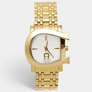 Pre Owned Aigner White Gold Plated Stainless Steel Genua Due A31600 Women's Wristwatch 34 mm