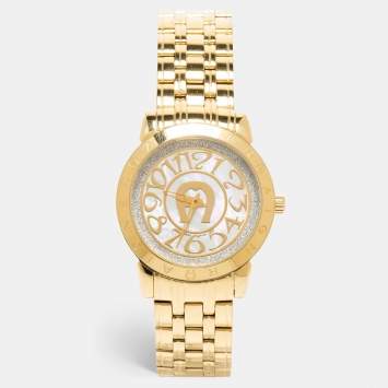 Pre Owned Aigner Mother of Pearl Gold Plated Stainless Steel Cortina A23600 Women's Wristwatch 36 mm