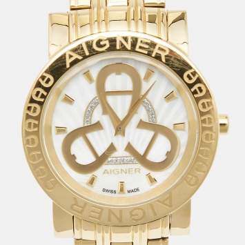 Pre Owned Aigner Mother of Pearl Gold-Plated Stainless Steel Cortina Earring Necklace Set A26300 Women's Wristwatch 36 mm 