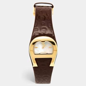 Pre Owned Aigner Mother of Pearl Gold Plated Stainless Steel Leather Capri III A19200 Women's Wristwatch  30 mm