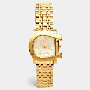 Pre Owned Aigner Mother of Pearl Gold Plated Stainless Steel Genua Due A31600 Women's Wristwatch 31 mm