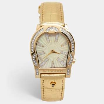 Pre Owned Aigner Mother of Pearl Diamond Gold Plated Stainless Steel Leather Verona A01100 Women's Wristwatch 33 mm 