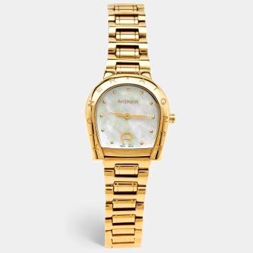Pre Owned Aigner Mother of Pearl Yellow Gold Plated Stainless Steel Ravenna A122200 Women's Wristwatch 30 mm