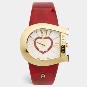 Pre Owned Aigner Cream Gold Plated Stainless Steel Leather Genua A31000 Women's Wristwatch 36 mm 