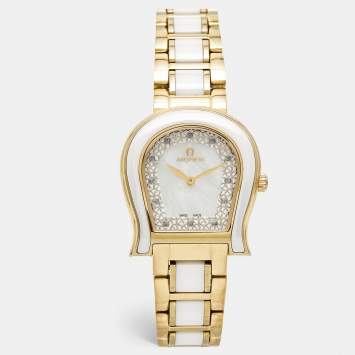 Pre Owned Aigner Mother of Pearl White Ceramic Gold Plated Stainless Steel Altamura A56000 Women's Wristwatch 34 mm