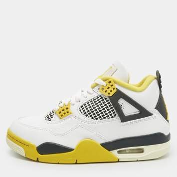 Pre Owned Air Jordans White Leather Jordan 4 Retro Vivid Sulfur Sneakers Size 37.5