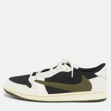 Pre Owned Air Jordans Multicolor Nubuck and Leather Jordan 1 Retro Low OG SP Travis Scott Olive Sneakers Size 44.5