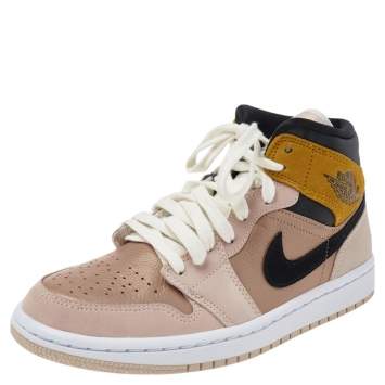 Pre Owned Air Jordans Beige Leather Jordan 1 Mid SE Particle High Top Sneakers Size 38