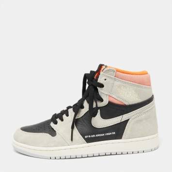 Pre Owned Jordan Grey/Black Suede And Leather 1 Retro High Neutral  Hyper Crimson Sneakers Size 40.5 