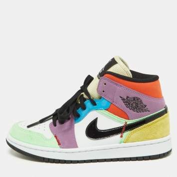 Pre Owned Air Jordan Multicolor Leather and Suede Jordan 1 Mid SE Lightblub Sneakers Size 38