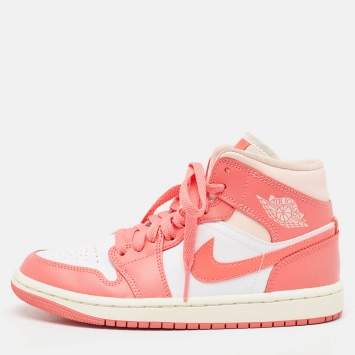 Pre Owned Air Jordans Pink/White Leather Jordan 1 Mid Strawberries and Cream Sneakers Size 36