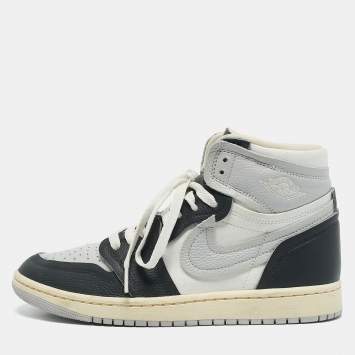 Pre Owned Air Jordans Grey/Black Canvas and Leather Air Jordan 1 High Top Sneakers Size 39