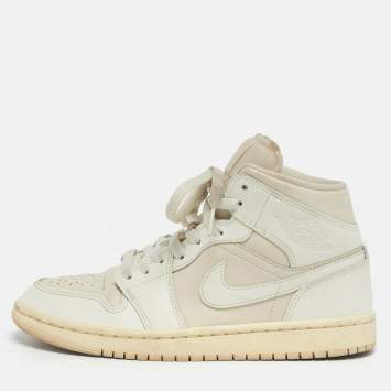 Pre Owned Air Jordans White/Beige Leather Air Jordan 1 High Top Sneakers Size 38