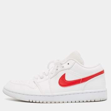 Pre Owned Air Jordans White/Red Leather Air Jordan 1 White Red Sneakers Size 37.5