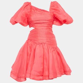 Aje Pink Pintucks Organza Puff Sleeve Mini Dress S