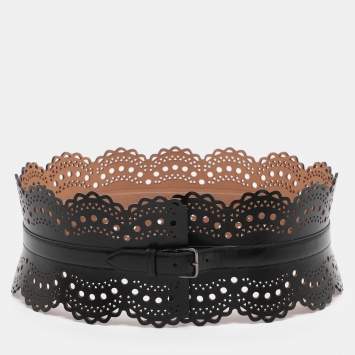 Pre Owned Alaia Black Laser Cut Leather Corset Belt 85CM