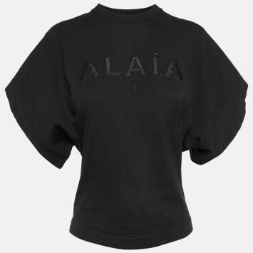 Pre Owned Alaia Black Logo Embroidered Cotton Wide Sleeve T-Shirt S