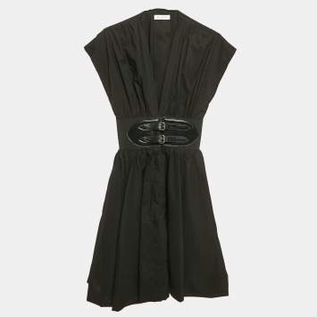 Pre Owned Alaia Black Poplin Japanese Leather Belted Dress S
