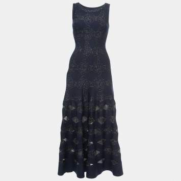Pre Owned Alaia Midnight Blue Floral Lurex Knit Sleeveless Midi Dress XS