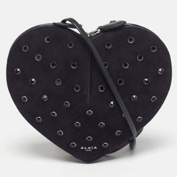 Pre Owned Alaïa Le Coeur Black Suede Crystal Embellished Shoulder Bag