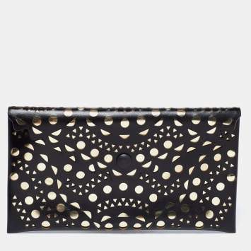 Pre Owned Alaia Black Lasercut Leather Envelope Clutch
