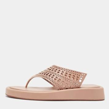 Pre Owned Alaia Beige Cut out Leather Thong Sandals  Size 38